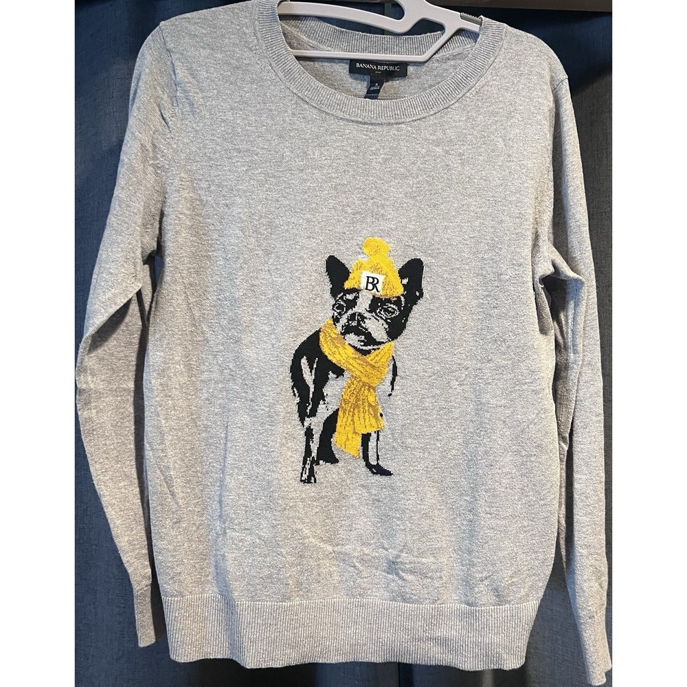 Banana Republic Gray Dog Graphic Cotton Pullover Sweater Women's Size S